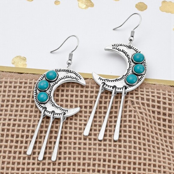 🆕️Mystic Boho Turquoise Crescent Moon Dangle Earrings Antique Silver Vibes - Picture 8 of 14
